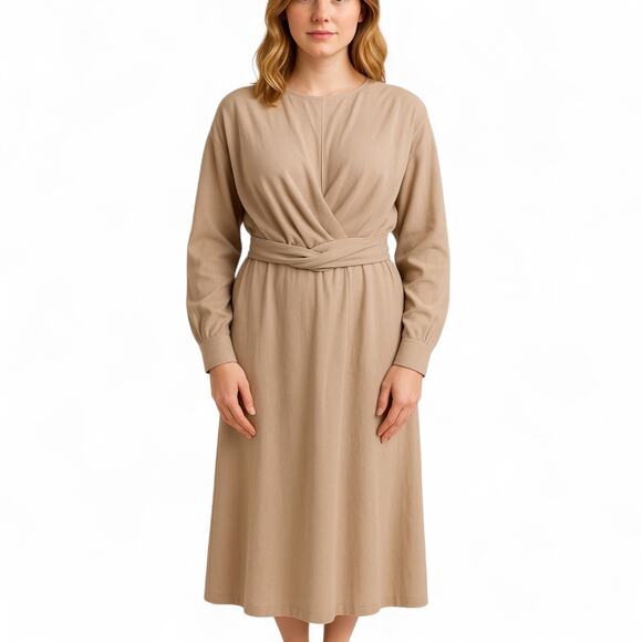 BOOHOO Brown Long Sleeve Wrap Front Midi Dress - Picture 1 of 10